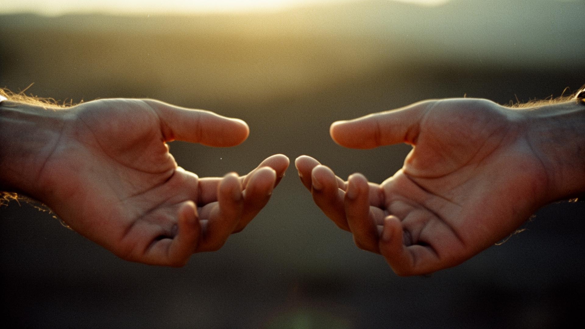 Two hands reaching toward each other in extreme close-up against warm golden-hour light